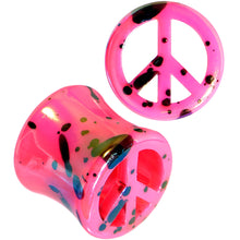 Load image into Gallery viewer, Black Speckled Pink Acrylic Peace Sign Saddle Plug Set 10mm to 20mm
