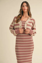 Load image into Gallery viewer, Stripe Crop Cardigan and Bodycon Dress Sweater Set – Two-Piece Knit Set, Striped Crop Cardigan Dress, Cozy Sweater Dress Set, Chic Layered Knit Outfit
