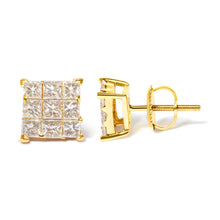 Load image into Gallery viewer, 14K Yellow Gold 1 1/2 Cttw Invisible Set Princess-Cut Diamond 9 Stone Square Stud Earrings (J-K Color, SI2-I1 Clarity)
