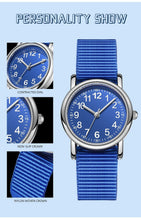 Load image into Gallery viewer, Easy To Read Quartz Watches Nylon Strap Sweat Proof Movement Analog Watch For Girls Boys Teens Minimalist Wrist Watch With Soft Band Learning Time Watch First Watch Soft Cloth Strap
