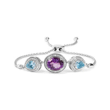 Load image into Gallery viewer, .925 Sterling Silver Oval Amethyst and Pear Blue Topaz with Diamond Accent Lariat 4â€-10â€ Adjustable Bolo Bracelet (H-I Color, SI1-SI2 Clarity)
