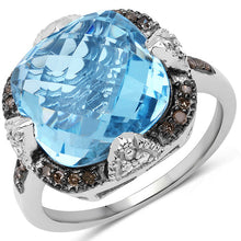 Load image into Gallery viewer, 8.29 Carat Genuine Swiss Blue Topaz, Champagne Diamond and White Diamond .925 Sterling Silver Ring
