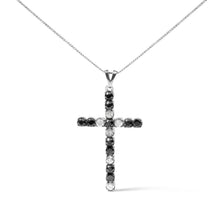 Load image into Gallery viewer, .925 Sterling Silver 2.0 Cttw Prong Set Round Natural Treated Black and White Diamond Cross Pendant Necklace - 18" (Black/H-I Color, I3 Clarity)

