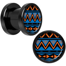 Load image into Gallery viewer, Blue Orange Tribal Print Black Anodized Screw Fit Plug Set 0G
