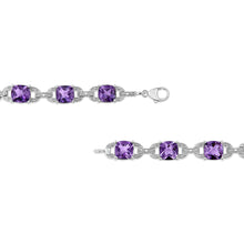 Load image into Gallery viewer, .925 Sterling Silver 7mm Cushion Cut Amethyst Gemstone and Diamond Tennis Link Bracelet (I-J Color, I1-I2 Clarity) - Size 7"
