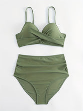 Load image into Gallery viewer, Tropical Vibe High Waist Bikini Set – Flirty V-Neck Swimsuit with Layered Colorblock High Cut Bottom Crisscross Strap Detail &amp; Ultra-Stretch Comfort – Women's Two Piece Swimwear for Summer Beach Pool &amp; Vacation Fun
