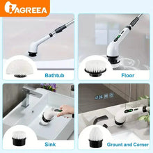 Load image into Gallery viewer, Electric Rotary Scrubber with Replaceable 8 Brush Heads and Adjustable Extension Handle
