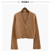 Load image into Gallery viewer, Elegance Cardigan Autumn Long Flare Sleeve Short Sweater Women Ribbed Knitted Cotton Tops Black White Ladies Soft Outwear Female
