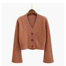 Load image into Gallery viewer, Elegance Cardigan Autumn Long Flare Sleeve Short Sweater Women Ribbed Knitted Cotton Tops Black White Ladies Soft Outwear Female
