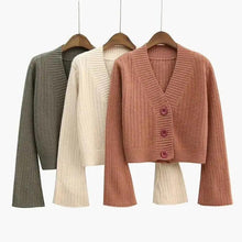 Load image into Gallery viewer, Elegance Cardigan Autumn Long Flare Sleeve Short Sweater Women Ribbed Knitted Cotton Tops Black White Ladies Soft Outwear Female
