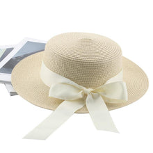 Load image into Gallery viewer, Elegant Adult Bucket Hat Beach Summer Straw Hats for Women Beach Sun Straw Hat Wide Luxury Comfortable Hat  Flat Top Ribbon Bowknot Elegant Luxury Women Summer Hat 56-58cm
