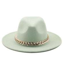 Load image into Gallery viewer, Elegant Green Fedora Hats Women Men Fedora Hats Wide Brim Fedora Hat Summer Chain Band Jazz Hats Winter Autumn Gentleman Outdoor Hat
