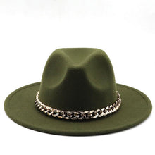 Load image into Gallery viewer, Elegant Green Fedora Hats Women Men Fedora Hats Wide Brim Fedora Hat Summer Chain Band Jazz Hats Winter Autumn Gentleman Outdoor Hat
