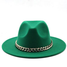 Load image into Gallery viewer, Elegant Green Fedora Hats Women Men Fedora Hats Wide Brim Fedora Hat Summer Chain Band Jazz Hats Winter Autumn Gentleman Outdoor Hat
