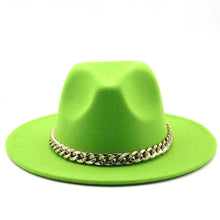 Load image into Gallery viewer, Elegant Green Fedora Hats Women Men Fedora Hats Wide Brim Fedora Hat Summer Chain Band Jazz Hats Winter Autumn Gentleman Outdoor Hat
