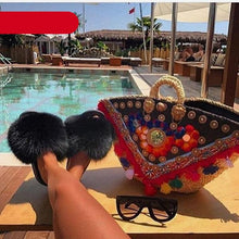 Load image into Gallery viewer, Elegant Indoor Fur Slippers For Women Fur Slides Flip Flops Beach Plush Fluffy Furry Slippers Furry Fuzzy Slides Open Toe Fluffy Slides Fox Fur Feather Sandals Fur Slip On Shoes For Women
