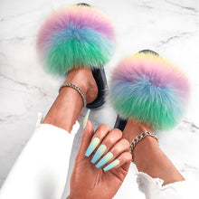 Load image into Gallery viewer, Elegant Indoor Fur Slippers For Women Fur Slides Flip Flops Beach Plush Fluffy Furry Slippers Furry Fuzzy Slides Open Toe Fluffy Slides Fox Fur Feather Sandals Fur Slip On Shoes For Women

