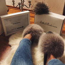 Load image into Gallery viewer, Elegant Indoor Fur Slippers For Women Fur Slides Flip Flops Beach Plush Fluffy Furry Slippers Furry Fuzzy Slides Open Toe Fluffy Slides Fox Fur Feather Sandals Fur Slip On Shoes For Women
