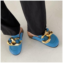 Load image into Gallery viewer, Elegant Metal Chain Design Women Slipper Closed Toe Slip On Shoes Round Toe Low Heels Casual Slides Shoes Flats Loafer Gold Chain Casual Shoes Slip On Women's Slide Sandals Slipers
