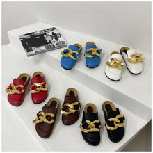 Load image into Gallery viewer, Elegant Metal Chain Design Women Slipper Closed Toe Slip On Shoes Round Toe Low Heels Casual Slides Shoes Flats Loafer Gold Chain Casual Shoes Slip On Women's Slide Sandals Slipers
