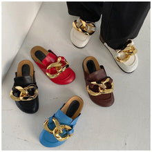 Load image into Gallery viewer, Elegant Metal Chain Design Women Slipper Closed Toe Slip On Shoes Round Toe Low Heels Casual Slides Shoes Flats Loafer Gold Chain Casual Shoes Slip On Women's Slide Sandals Slipers
