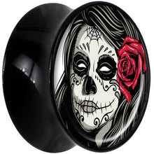 Load image into Gallery viewer, Black Acrylic Katrina Sugar Skull with Rose Flower Saddle Plug Set 18mm
