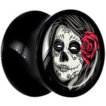 Load image into Gallery viewer, Black Acrylic Katrina Sugar Skull with Rose Flower Saddle Plug Set 0G
