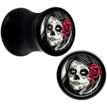 Load image into Gallery viewer, Black Acrylic Katrina Sugar Skull with Rose Flower Saddle Plug Set 2G
