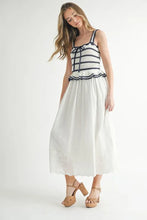 Load image into Gallery viewer, Crochet Stripe Knit Eyelet Mix Midi Dress – Crochet Midi Dress, Stripe Knit Dress, Eyelet Mix Dress, Trendy Midi Dress, Versatile Midi Dress
