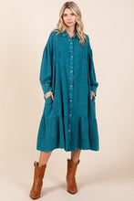Load image into Gallery viewer, New Mineral Wash Cotton Gauze Ruffle Midi Shirt Dress For Women – Trendy, Chic, Casual &amp; Feminine Design For Any Occasion
