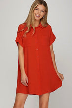 Load image into Gallery viewer, Deep Red Full Size Button-Down Short Sleeve Shirt Dress Plus Size Casual Women Simple Home Dress
