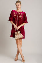 Load image into Gallery viewer, Embroidered Half Sleeve Velvet Mini Dress with Tassel For Women – Luxurious Velvet Dress, Embroidered Tassel Mini Dress, Elegant Party Dress
