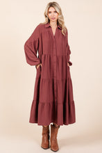 Load image into Gallery viewer, Tiered Button Down Long Sleeve Midi Dress For Women – Button Down Midi Dress, Long Sleeve Tiered Dress, Feminine Midi Dress, Button Front Dress, Elegant Long Sleeve Dress
