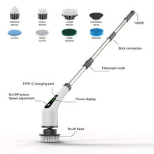 Load image into Gallery viewer, Electric Rotary Scrubber with Replaceable 8 Brush Heads and Adjustable Extension Handle
