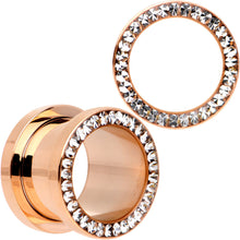 Load image into Gallery viewer, Clear CZ Gem Rose Gold PVD Bling Screw Fit Tunnel Plug Set 3mm to 16mm
