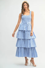 Load image into Gallery viewer, Pin Stripe Smocked Bodice Layered Midi Dress – Smocked Bodice Dress, Fluttering Pinstripe Midi Dress, Layered Midi Dress, Trendy Midi Dress, Flattering Pinstripe Dress
