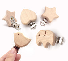 Load image into Gallery viewer, Modern Wood Naural Nipple Chain Accessories BPA Free Cute Modelling Beech Pacifier Clip Small Elephant Heart-shaped Holder for Pacifier
