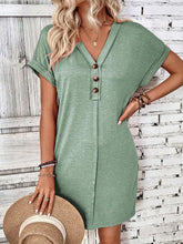 Load image into Gallery viewer, Elegant Button V-Neck Short Sleeve Dress Flattering Casual &amp; Office Wear Simple Dress
