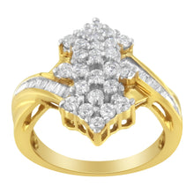 Load image into Gallery viewer, 10K Yellow Gold Round And Baguette Cut Diamond Cluster Ring (1 1/10 Cttw, H-I Color, SI2-I1 Clarity) - Size 7
