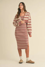 Load image into Gallery viewer, Stripe Crop Cardigan and Bodycon Dress Sweater Set – Two-Piece Knit Set, Striped Crop Cardigan Dress, Cozy Sweater Dress Set, Chic Layered Knit Outfit
