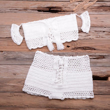 Load image into Gallery viewer, Fashion Beach Bikini Set Knitting Swimsuit Crochet Style Off Shoulder Bathing Handmade Tassels Bikini Bra Two Piece Beach Outfits For Women Crochet Tassels Hollow Out Bikini Bra Top Skirt Cover Up Dress
