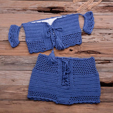 Load image into Gallery viewer, Fashion Beach Bikini Set Knitting Swimsuit Crochet Style Off Shoulder Bathing Handmade Tassels Bikini Bra Two Piece Beach Outfits For Women Crochet Tassels Hollow Out Bikini Bra Top Skirt Cover Up Dress
