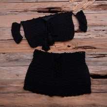 Load image into Gallery viewer, Fashion Beach Bikini Set Knitting Swimsuit Crochet Style Off Shoulder Bathing Handmade Tassels Bikini Bra Two Piece Beach Outfits For Women Crochet Tassels Hollow Out Bikini Bra Top Skirt Cover Up Dress

