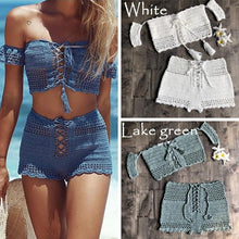 Load image into Gallery viewer, Fashion Beach Bikini Set Knitting Swimsuit Crochet Style Off Shoulder Bathing Handmade Tassels Bikini Bra Two Piece Beach Outfits For Women Crochet Tassels Hollow Out Bikini Bra Top Skirt Cover Up Dress
