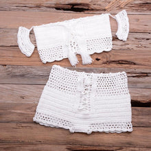 Load image into Gallery viewer, Fashion Beach Bikini Set Knitting Swimsuit Crochet Style Off Shoulder Bathing Handmade Tassels Bikini Bra Two Piece Beach Outfits For Women Crochet Tassels Hollow Out Bikini Bra Top Skirt Cover Up Dress
