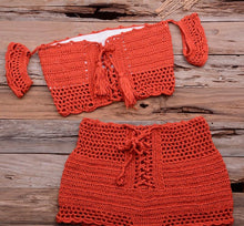 Load image into Gallery viewer, Fashion Beach Bikini Set Knitting Swimsuit Crochet Style Off Shoulder Bathing Handmade Tassels Bikini Bra Two Piece Beach Outfits For Women Crochet Tassels Hollow Out Bikini Bra Top Skirt Cover Up Dress
