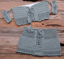 Load image into Gallery viewer, Fashion Beach Bikini Set Knitting Swimsuit Crochet Style Off Shoulder Bathing Handmade Tassels Bikini Bra Two Piece Beach Outfits For Women Crochet Tassels Hollow Out Bikini Bra Top Skirt Cover Up Dress
