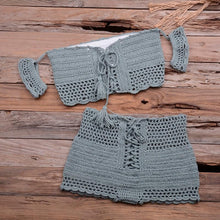 Load image into Gallery viewer, Fashion Beach Bikini Set Knitting Swimsuit Crochet Style Off Shoulder Bathing Handmade Tassels Bikini Bra Two Piece Beach Outfits For Women Crochet Tassels Hollow Out Bikini Bra Top Skirt Cover Up Dress
