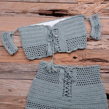 Load image into Gallery viewer, Fashion Beach Bikini Set Knitting Swimsuit Crochet Style Off Shoulder Bathing Handmade Tassels Bikini Bra Two Piece Beach Outfits For Women Crochet Tassels Hollow Out Bikini Bra Top Skirt Cover Up Dress
