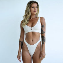 Load image into Gallery viewer, Fashion Bikini Women Two Pieces Swimsuit Button Swimwear Female Solid Bathing Suit  Women's Scoop Neck Cut Out Front Lace Up Back High Cut Swimsuit Summer Beach Wear Swimming Suit
